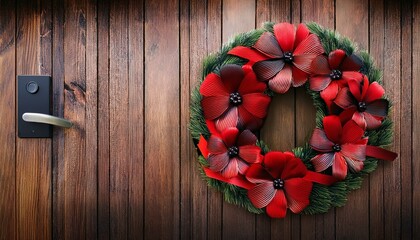 christmas wreath with red flowers and black ribbons, on a wooden door, 3d illustration space copywrite, wood, wooden, wreath, christmas, flower, decoration, nature, autumn, flowers, red, holiday, seas