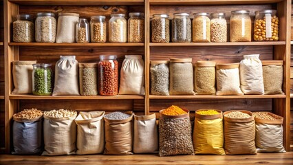 Grain-filled bags and containers neatly arranged on wooden shelves , grains, storage, organic, agriculture, bulk, farming, harvest
