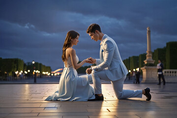 Holding hands engagement proposal couples in love and lovers sharing romantic moments wedding in city of Paris France celebrating passion togetherness 