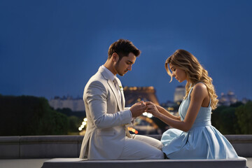 Holding hands engagement proposal couples in love and lovers sharing romantic moments wedding in city of Paris France celebrating passion togetherness 