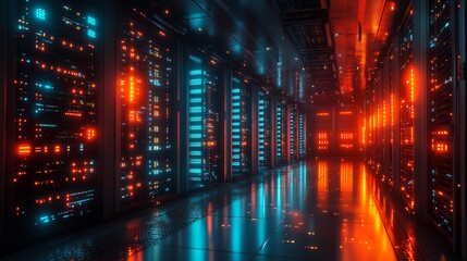 Naklejka premium Data Center Server Room with Glowing Lights Generative AI