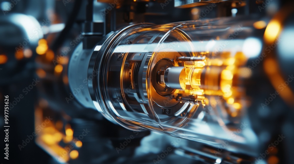 Fototapete a detailed close-up of a high-tech engine part reveals intricate mechanics and glowing elements, sho