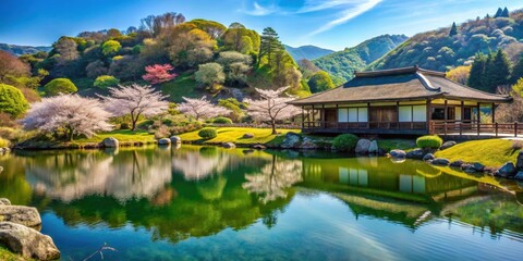 Fototapeta premium Serene Japanese landscape with traditional house, pond, cherry blossoms, rocks, green hills, clear sky