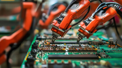 Precision robots are assembling multilayer circuit boards with high efficiency and accuracy, showcasing advanced technology in manufacturing