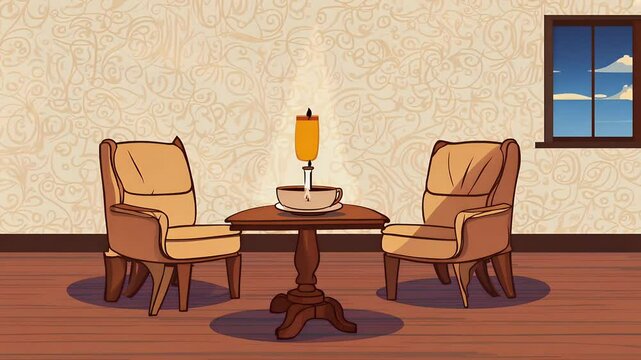 cozy animestyle room interior candle coffee cup table creating timelapse background animation 4K perfect tranquil reflective virtual chair anime window home furniture house design luxury