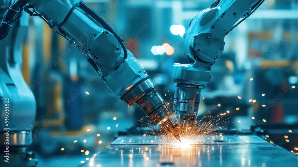 Poster robotic arms performing high precision welding, creating sparks in modern industrial setting. scene 
