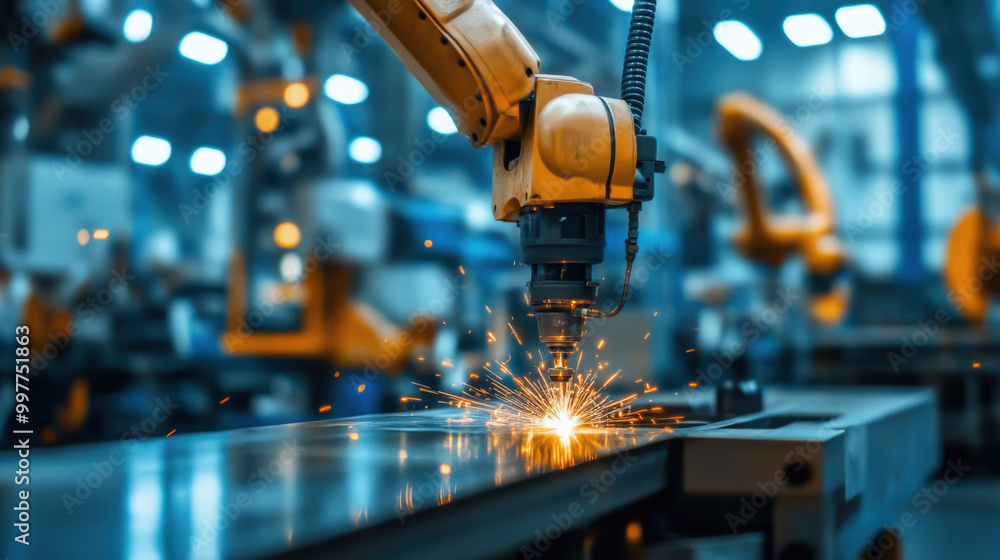 Poster robotic arms performing high precision welding in modern industrial setting, creating sparks and sho
