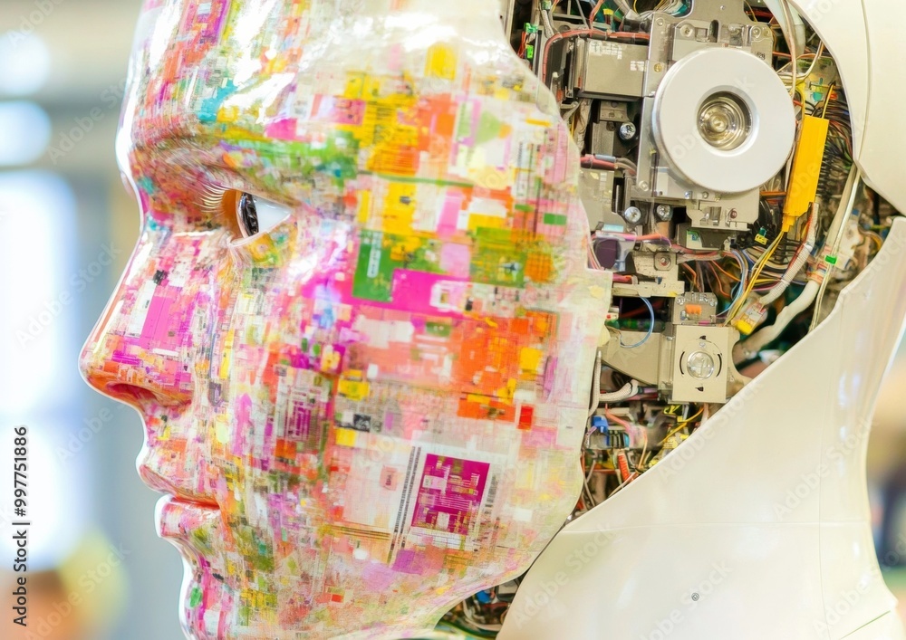 Poster close-up of male engineer working on colorful ai robot in tech lab during afternoon