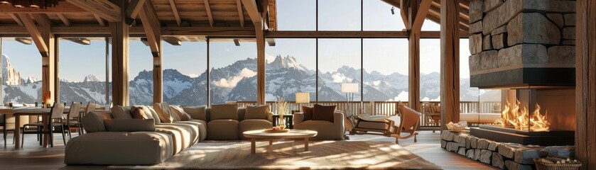 A cozy mountain lodge interior with large windows showcasing stunning mountain views and a warm fireplace.