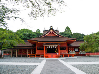 View of mt. Fuji and Kanda River from Fujisan Hongu Sengen Taisha shrine in Fujinomiya town, Shizuoka, Japan.