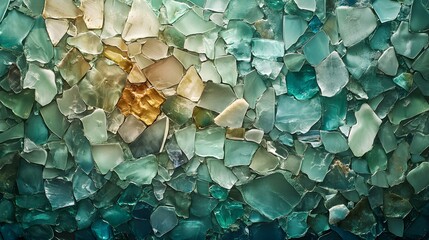 A complex mosaic wall of jagged sea glass pieces in aqua, teal, and emerald, meticulously placed to capture the fluid energy and beauty of the sea