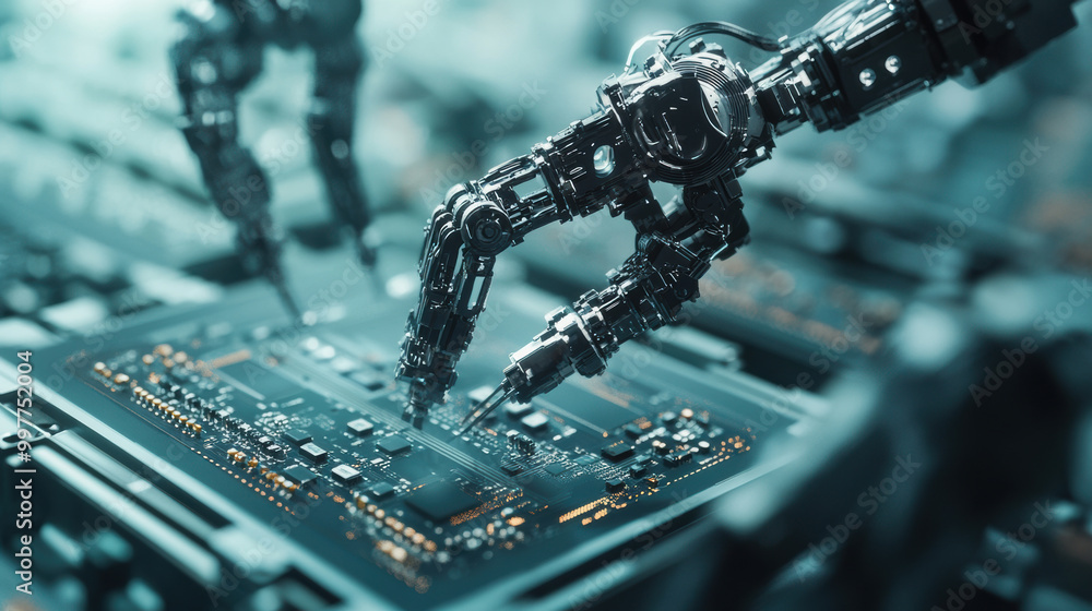 Poster robotic arms positioning circuit elements on printed circuit board, showcasing advanced technology a
