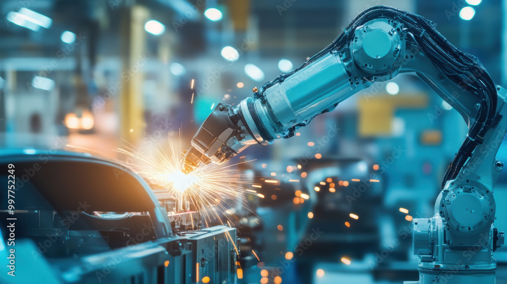 Poster robotic arms using laser welding techniques create sparks in modern industrial setting, showcasing a