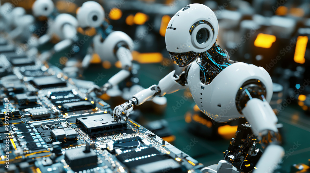 Poster robotic systems enhancing productivity in assembly line, showcasing advanced technology and automati