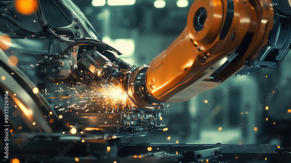 Poster Robotic welders delivering consistent and flawless results in industrial setting, showcasing advanced technology and precision. Sparks fly as robotic arm performs its task efficiently