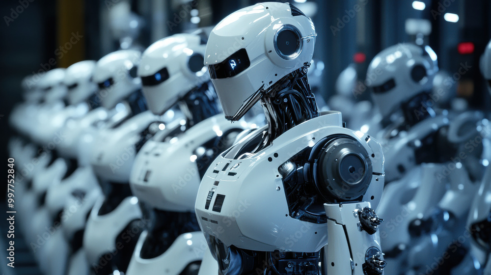 Poster robots ensuring consistent quality in mass production process, showcasing advanced technology and pr