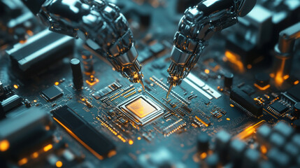 Robotic arms conducting quality checks on circuit board, showcasing advanced technology and precision in electronics manufacturing. scene highlights innovation and automation in tech industry