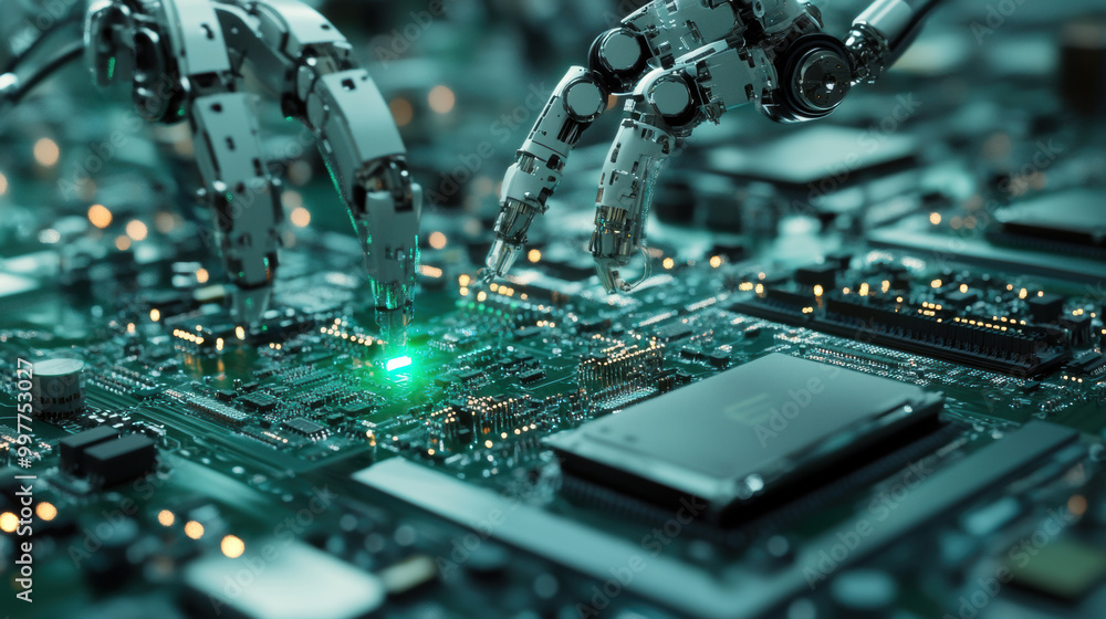 Poster Robots are intricately handling placement of sensors on circuit board, showcasing advanced technology and precision in electronic assembly