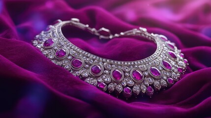 Obraz premium Shiny silver and ruby necklace on a luxurious royal purple velvet cloth, with a purple-to-silver gradient background and subtle festive sparkles, Copy space, happy Diwali background, traditional