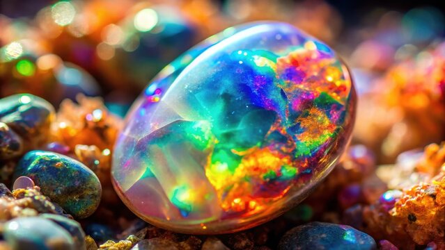 Close-up photo of a beautiful opal stone with iridescent colors and crystal formations, Opal, stone, crystal