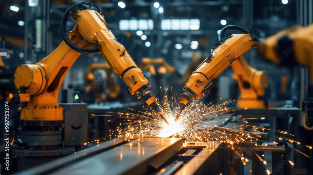 Poster Robotic arms welding metal frames in industrial setting create dynamic scene filled with sparks and energy. advanced technology showcases precision and efficiency in manufacturing