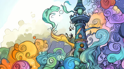 Fantasy wizard tower, enchanting wizards tower encircled by swirling spells and potions, a fantasy doodle art theme, perfect for a wizardry school invitation card. Wizard's Tower. Illustration