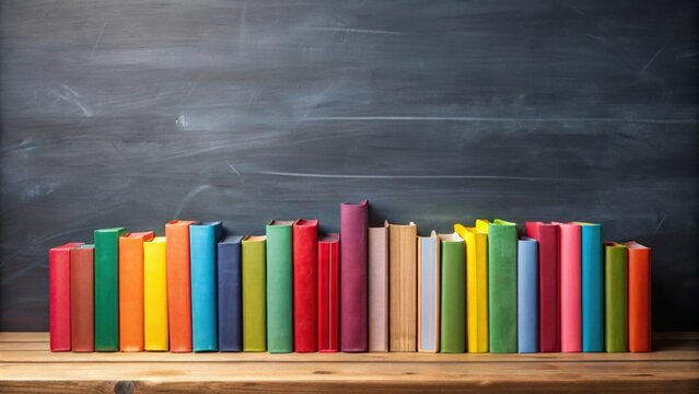 Colorful row of books against blackboard background, education, school, studying, knowledge, library, reading, colorful
