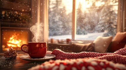 Steaming Hot Cocoa Mug in Cozy Winter Interior. Fireplace, Snow-Covered Window, and Inviting Atmosphere