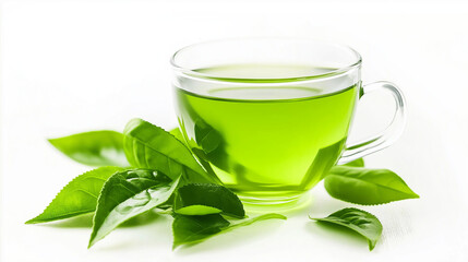 A steaming cup of green tea accompanied by fresh, vibrant leaves, ideal for promoting health, relaxation, and culinary creativity.