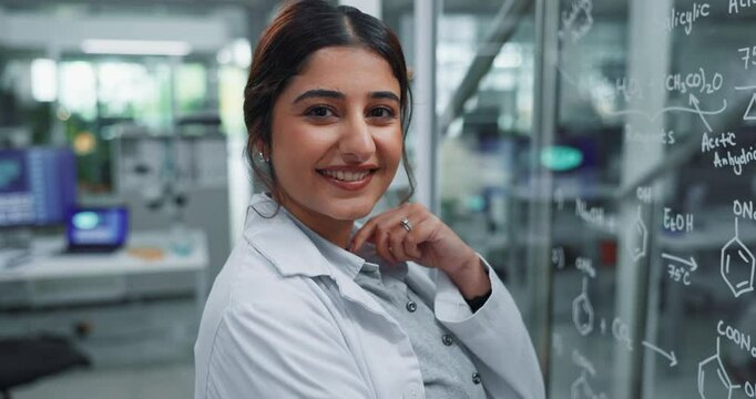 Woman, face and glass or scientific formula, experimental chemist and smile for balancing equation. Medical idea, planning and life extension drug, innovation study and solution development in lab