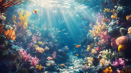 Obraz premium Scuba diver explores vibrant underwater world, swimming among colorful fish and coral reefs in the Red Sea