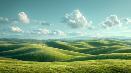 Fototapeta premium Green slopes beneath a blue sky with scattered clouds
