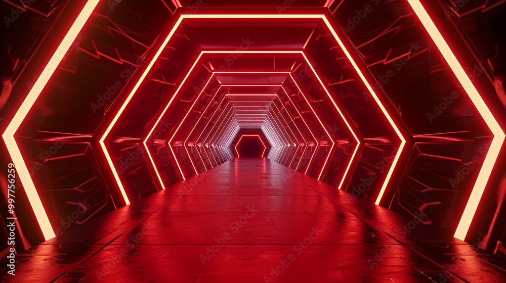 Sticker Red neon lights illuminate a futuristic corridor with hexagonal walls.