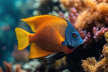 A vibrant angelfish glides gracefully through shimmering coral reefs in crystal clear waters