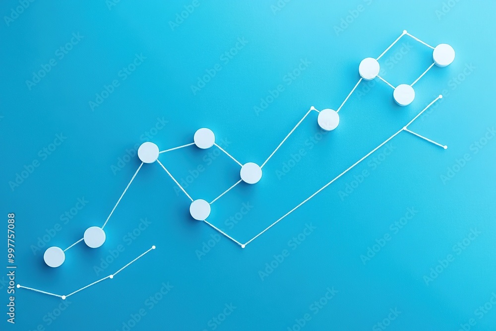 Poster simple line graph going up on blue background, simple shapes, white string and dots in the shape