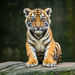 tiger in the wild. portrait of a royal bengal tiger. close up of little cub tiger. tiger lying in a land.
