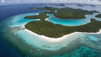 Obraz premium A breathtaking aerial shot of crystal-clear turquoise waters surrounding small tropical islands, with lush greenery and white sandy beaches, creating a serene and picturesque mobile wallpaper.