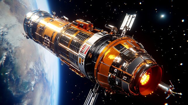 Futuristic Spaceship Orbiting Earth in Space