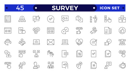 Survey icon set. Containing feedback, opinion, questionnaire, poll, research, data collection, review and satisfaction icons. Outline icon collection.