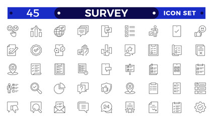 Survey icon set. Containing feedback, opinion, questionnaire, poll, research, data collection, review and satisfaction icons. Outline icon collection.