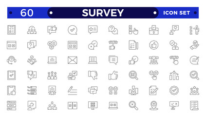 Survey icon set. Containing feedback, opinion, questionnaire, poll, research, data collection, review and satisfaction icons. Outline icon collection.