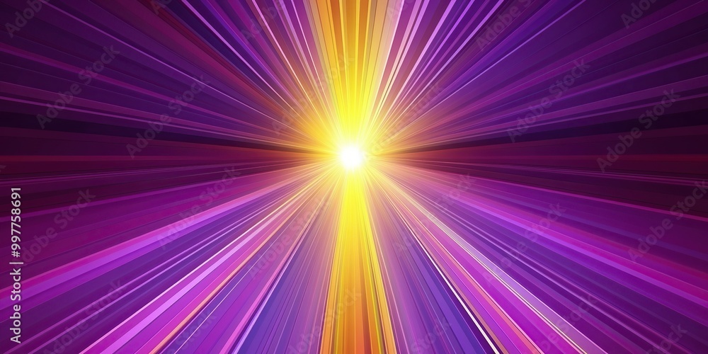 Poster purple and yellow rays of light radiating from the center, creating an abstract background with a gr