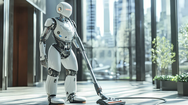 Futuristic 3d rendering of a cleaning robot efficiently vacuuming floors, embodying advanced artificial intelligence in the fourth industrial revolution. Cyborg Revolution. Illustration