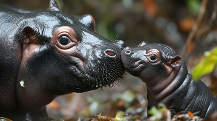 Adult and baby hippos sharing a moment in the wild.
