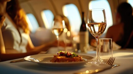 Luxury Private Jet Interior with Passengers Enjoying Fine Dining. Elegant Table Settings and Gourmet Cuisine