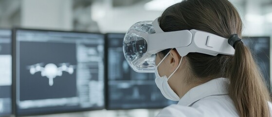 Focused Female Engineer Programming Drone in Cutting-Edge Laboratory with Advanced VR Technology