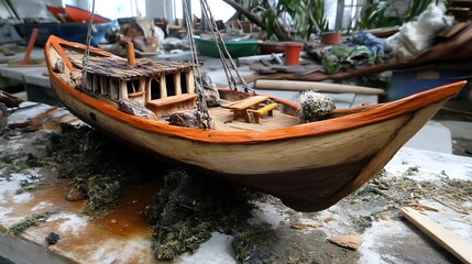 Wooden Model Boat with Orange Stripe on Deck