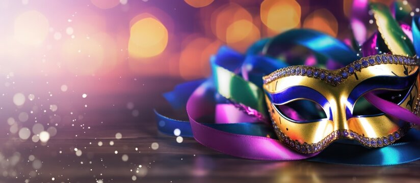 Carnival Mask with Colorful Ribbons on a Wooden Surface