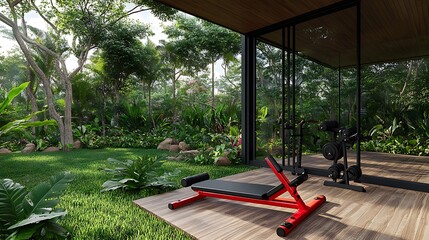 Outdoor Home Gym with Weight Bench and Dumbbells in Tropical Garden