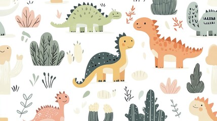 Minimalist Cute Doodle Dinosaurs, Plants, and Mountains Pattern Design